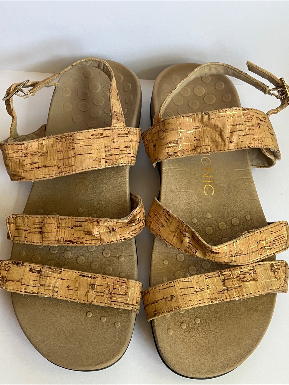 Vionic Amber Adjustable Cork Sandals Gold Metallic Comfort Orthotic
